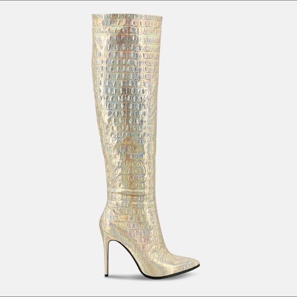 Women’s Knee High Pointed Toe Boots in Gold Holographic Faux Leather Croc Effect - Picture 2 of 12